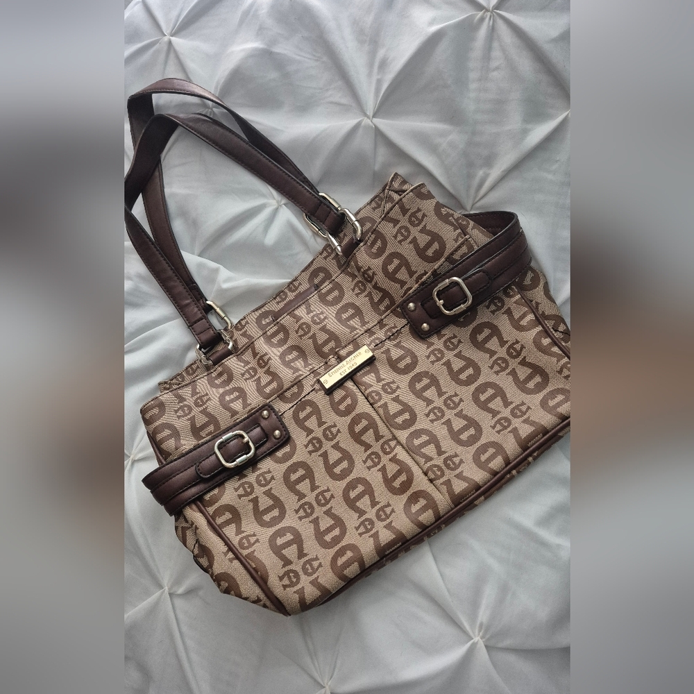 VINTAGE Etienne Aigner brown signature logo coated canvas tote shoulder bag. 